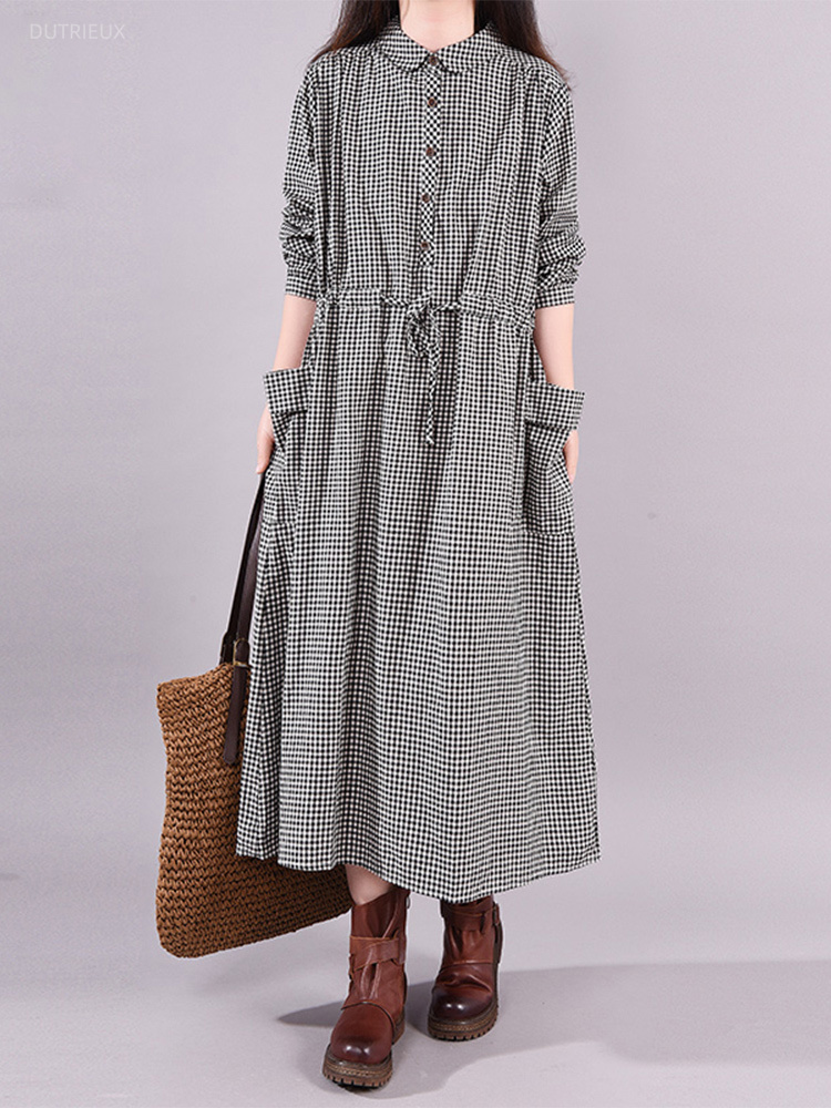 Summer Clothing Drawing - Mode vintage jurk geruite trekkoordzakken Peter